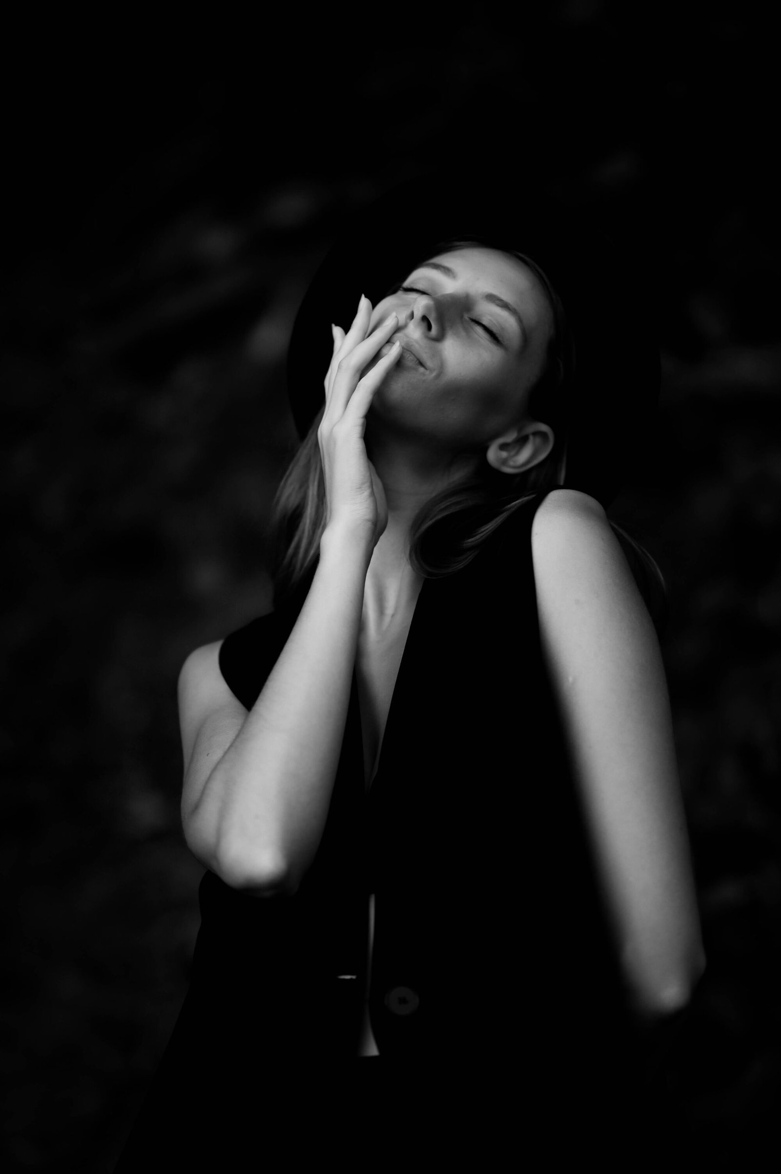 black and white photo of model posing